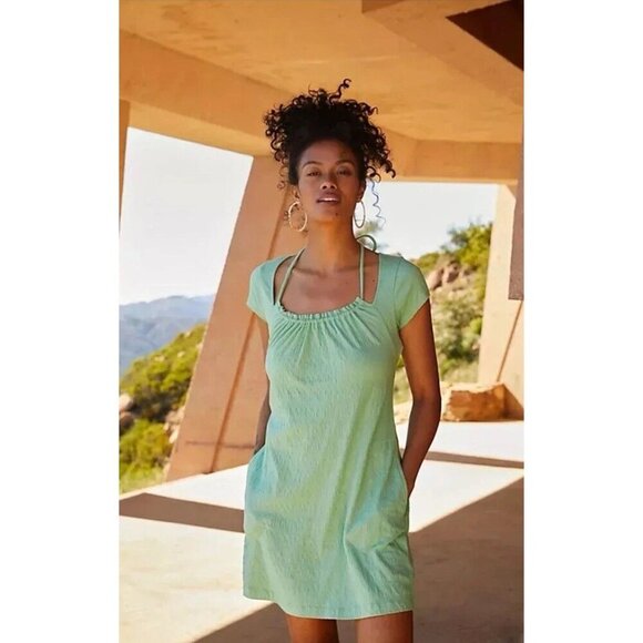 Free People Beach Vivi Open Back Mini Cap Sleeve Green Dress Large Boho Pockets - Picture 1 of 8